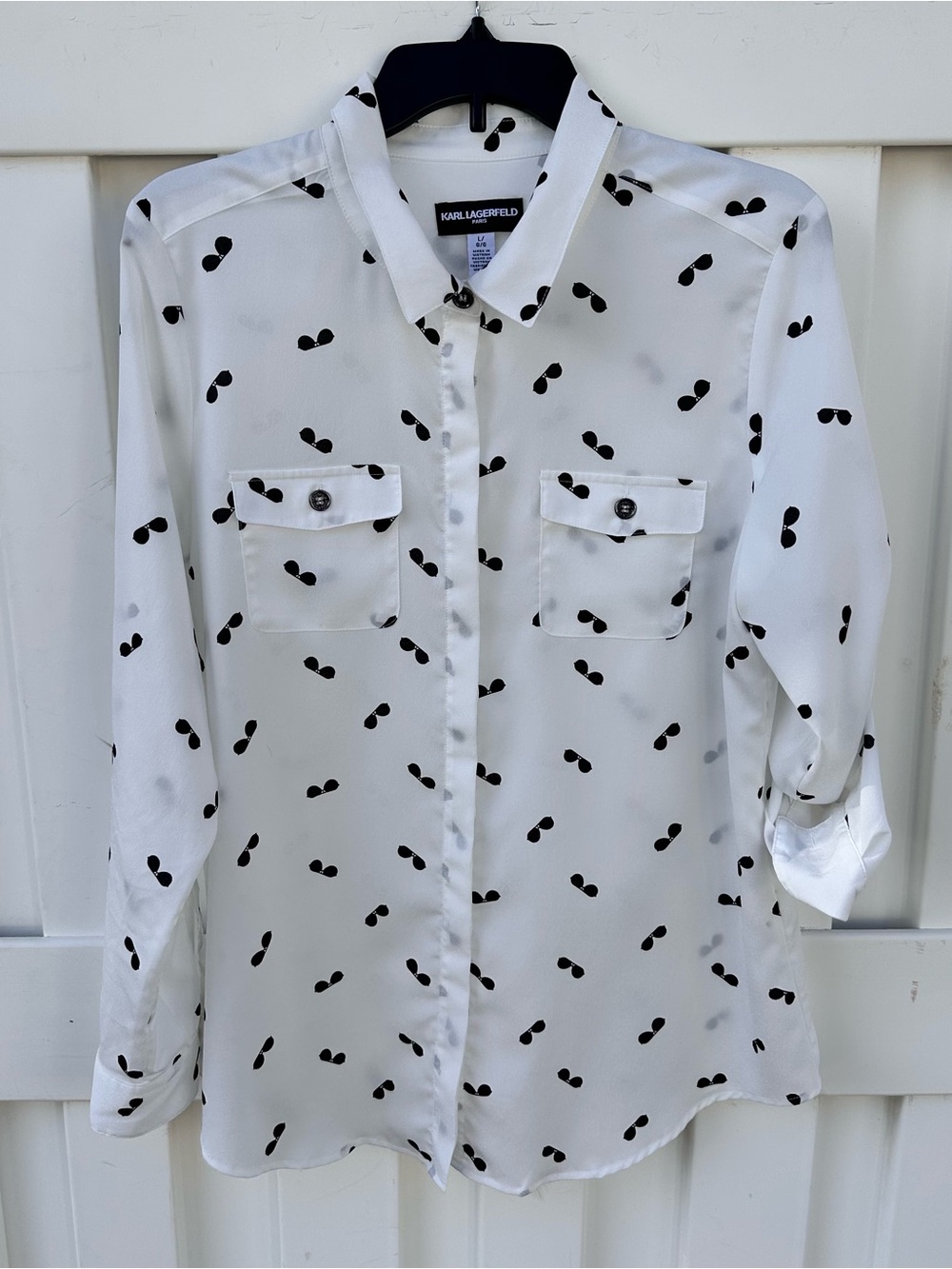 Karl Lagerfeld White Button-Up Blouse with Black Sunglasses Print EUC
